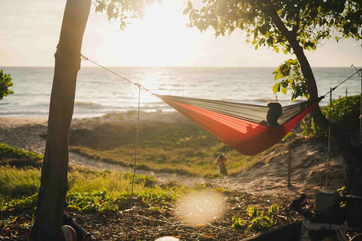 Man lying in a comfortable hammock under trees